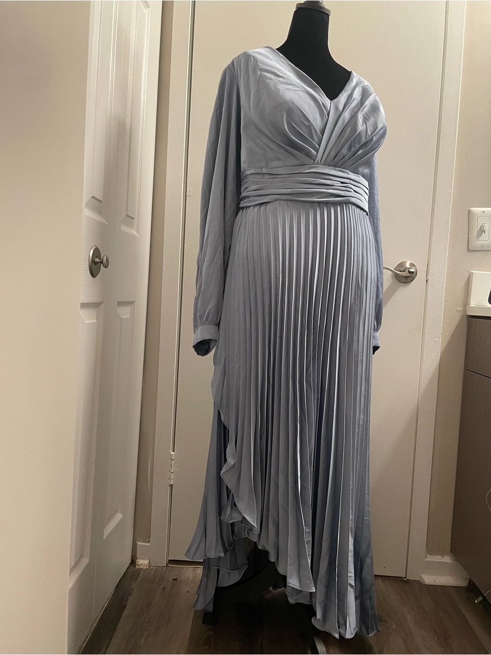 Dusty Blue Pleated Long-Sleeve Maxi Dress